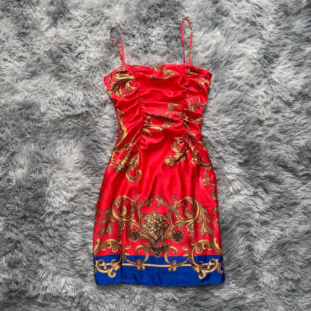 Marciano Red and Blue Baroque Print Mini Dress